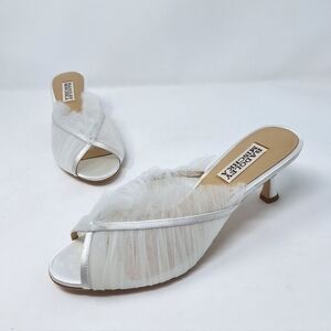Badgley Mischka White Silk Satin Tulle Open Toe Kitten Heel Wedding Mule Shoe